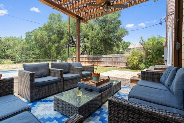 6551 Fair Valley Trl, Austin, TX 78749 - fenced backyard featuring an outdoor living space, a pergola, ceiling fan, and a wooden deck