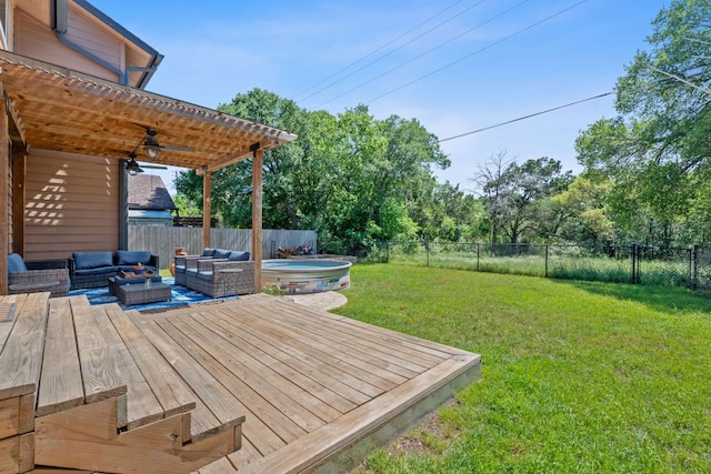 6551 Fair Valley Trl, Austin, TX 78749 - wooden deck with an outdoor living space, a ceiling fan, and a jacuzzi