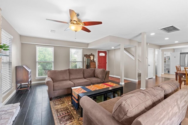 living room with stairs, baseboards, a ceiling fan, dark wood-style floors, and recessed lighting