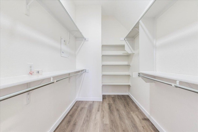 walk in closet with light wood-type flooring