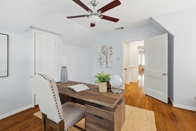 1006 Gaston Ave, Austin, TX 78703 - home office featuring baseboards, visible vents, wood finished floors, and ceiling fan