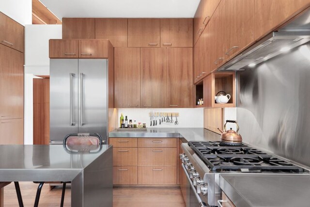 kitchen featuring stainless steel counters, modern cabinets, high end appliances, and light wood-type flooring