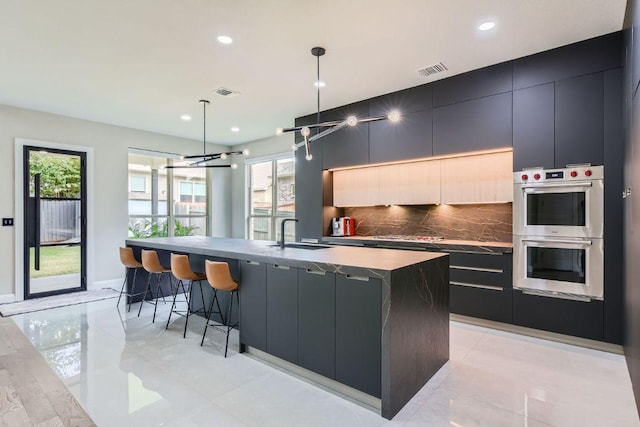 15500 La Catania Way, Austin, TX 78738 - kitchen with double oven, dark cabinets, a sink, modern cabinets, and a kitchen island with sink
