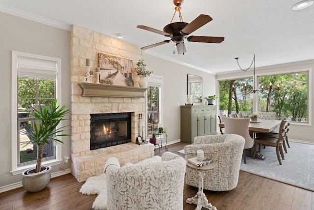 2409 Mormon Mill Rd, Marble Falls, TX 78654 - living room with wood finished floors, a stone fireplace, and ornamental molding