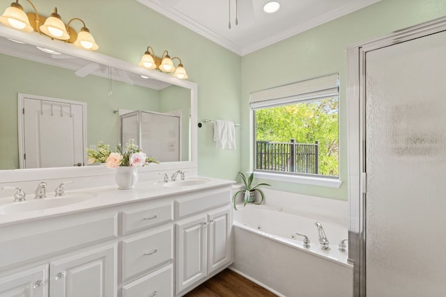 2409 Mormon Mill Rd, Marble Falls, TX 78654 - bathroom with crown molding, a sink, double vanity, and a stall shower
