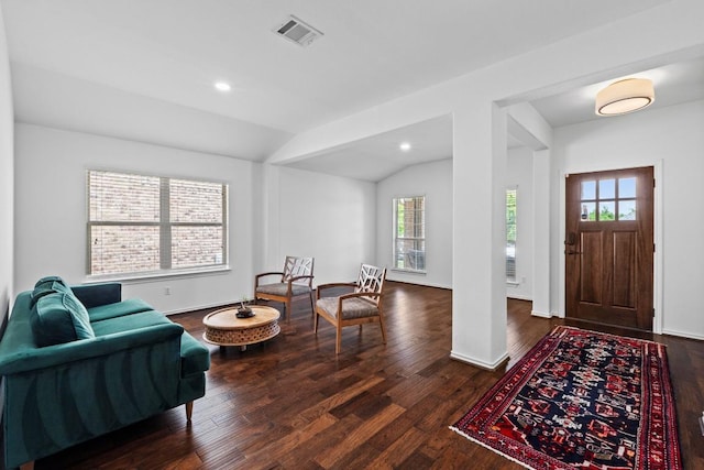 11928 Arran St, Austin, TX 78754 - entryway with wood finished floors, vaulted ceiling, and recessed lighting
