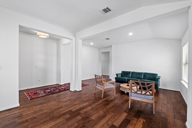 11928 Arran St, Austin, TX 78754 - living area with lofted ceiling, recessed lighting, dark wood finished floors, and visible vents