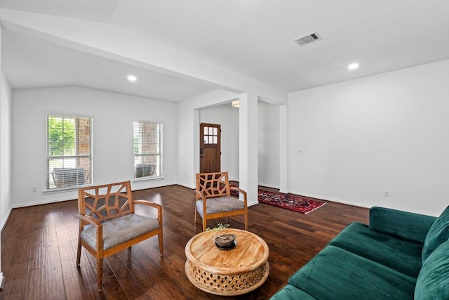 11928 Arran St, Austin, TX 78754 - living room featuring wood finished floors, visible vents, recessed lighting, vaulted ceiling, and baseboards