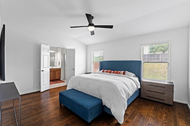 11928 Arran St, Austin, TX 78754 - bedroom featuring lofted ceiling, ensuite bathroom, a ceiling fan, and wood finished floors