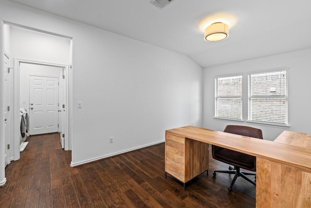 11928 Arran St, Austin, TX 78754 - office area with baseboards, dark wood finished floors, visible vents, washer / dryer, and vaulted ceiling