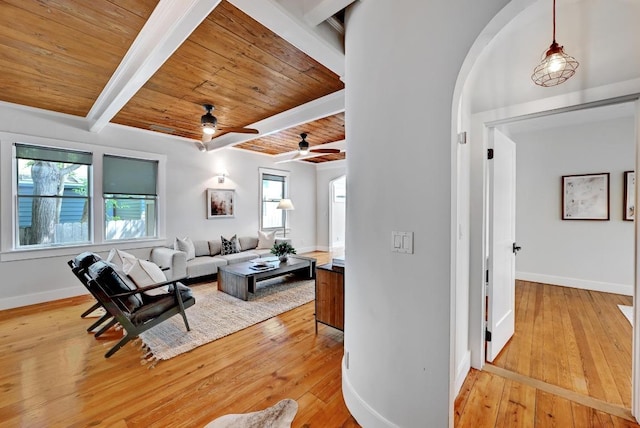 702 W Mary St, Austin, TX 78704 - living room featuring wood ceiling with exposed beams, ceiling fan, arched walkways, light wood-style flooring, and baseboards