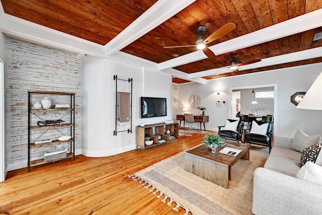 702 W Mary St, Austin, TX 78704 - living room featuring wood ceiling with exposed beams, a ceiling fan, hardwood / wood-style floors, and baseboards