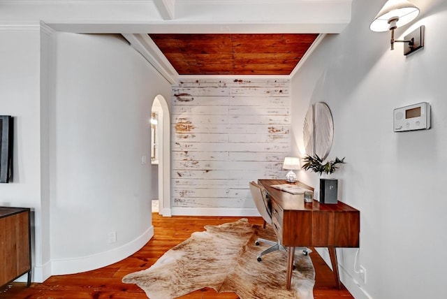 702 W Mary St, Austin, TX 78704 - office area with arched walkways, ornamental molding, baseboards, wood finished floors, and wood ceiling