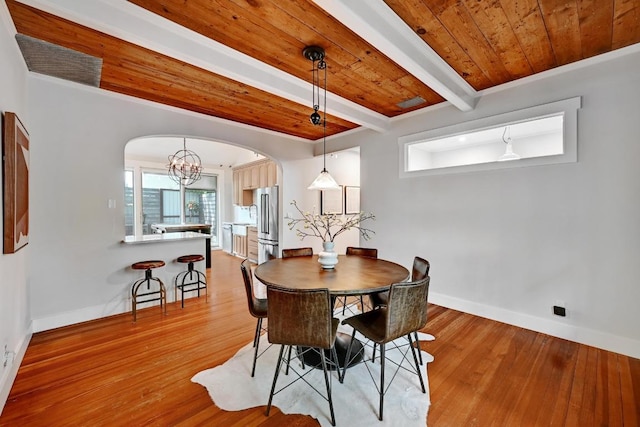 702 W Mary St, Austin, TX 78704 - dining room with wood ceiling with exposed beams, arched walkways, baseboards, and wood finished floors