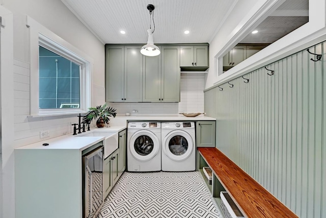 702 W Mary St, Austin, TX 78704 - laundry room featuring a sink, separate washer and dryer, recessed lighting, and beverage cooler