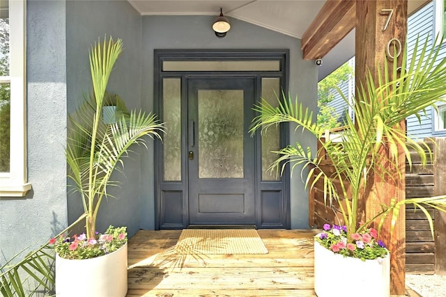 doorway to property featuring stucco siding