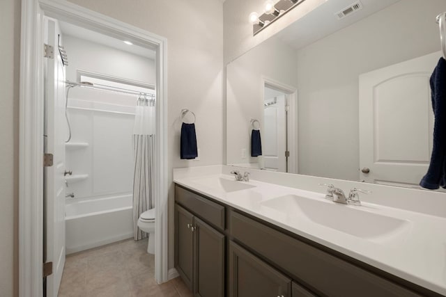 1921 Winston Way, Leander, TX 78641 - full bathroom with double vanity, shower / bathtub combination with curtain, and tile patterned flooring