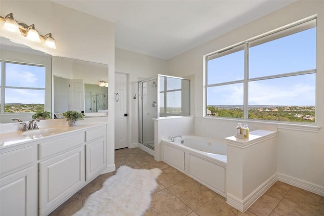 12400 Fairfax Ridge Pl, Austin, TX 78738 - bathroom with vanity, a shower stall, a garden tub, plenty of natural light, and crown molding