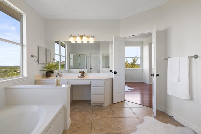 full bathroom featuring a shower stall, crown molding, a bath, vanity, and baseboards