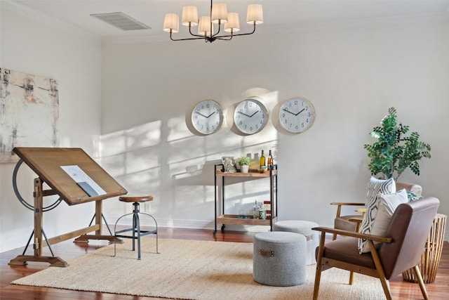 12400 Fairfax Ridge Pl, Austin, TX 78738 - living area with wood finished floors, crown molding, a chandelier, and baseboards