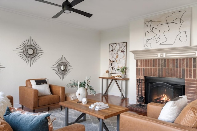 12400 Fairfax Ridge Pl, Austin, TX 78738 - living room with a fireplace, ceiling fan, wood finished floors, ornamental molding, and baseboards