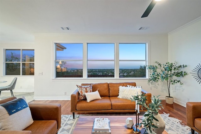 12400 Fairfax Ridge Pl, Austin, TX 78738 - living room with wood finished floors, ornamental molding, and a ceiling fan
