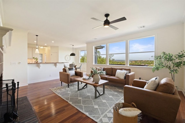 12400 Fairfax Ridge Pl, Austin, TX 78738 - living area with dark wood-type flooring, ceiling fan, baseboards, and recessed lighting