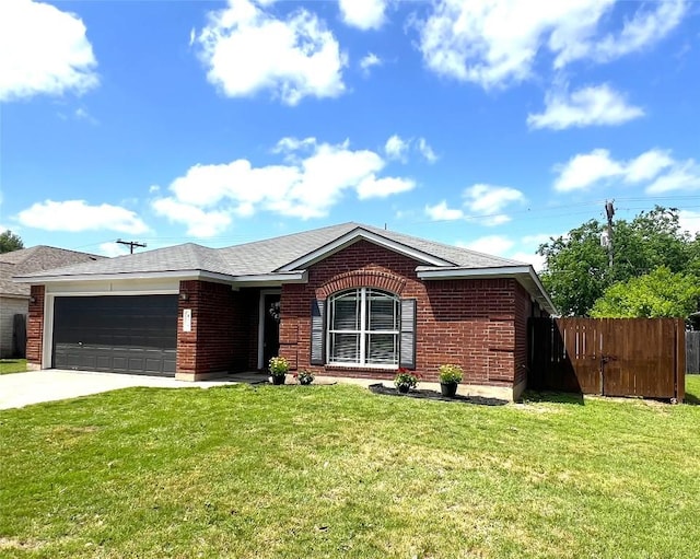 ranch-style house featuring driveway, a garage, brick siding, fence, and a front lawn