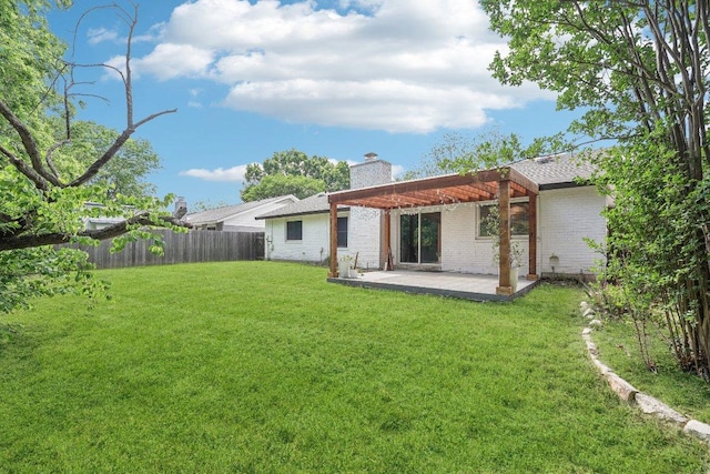 6111 Bridlington Cir, Austin, TX 78745 - back of house featuring a fenced backyard, a patio, brick siding, a pergola, and a chimney