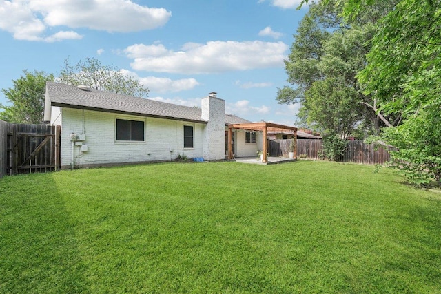 6111 Bridlington Cir, Austin, TX 78745 - back of house featuring a chimney, a patio, brick siding, and a fenced backyard
