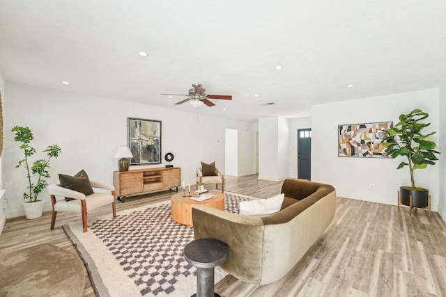 6111 Bridlington Cir, Austin, TX 78745 - living area with light wood-style flooring, recessed lighting, and ceiling fan