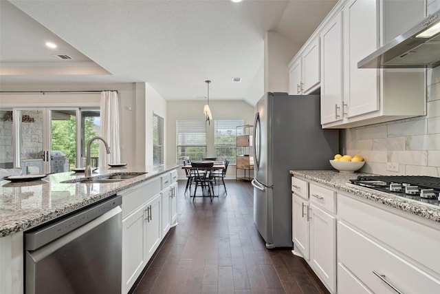 624 Anfield Cir, Austin, TX 78738 - kitchen with stainless steel appliances, under cabinet range hood, a sink, plenty of natural light, and recessed lighting