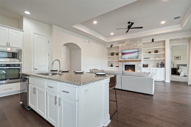 624 Anfield Cir, Austin, TX 78738 - kitchen featuring stainless steel appliances, a tray ceiling, a ceiling fan, dark wood-style floors, and recessed lighting