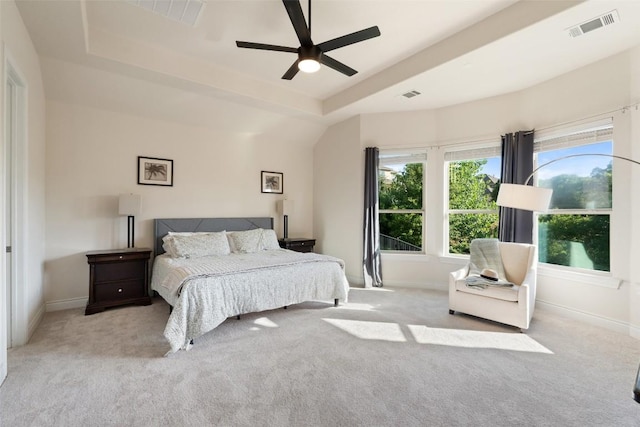 624 Anfield Cir, Austin, TX 78738 - carpeted bedroom featuring a tray ceiling, baseboards, and ceiling fan