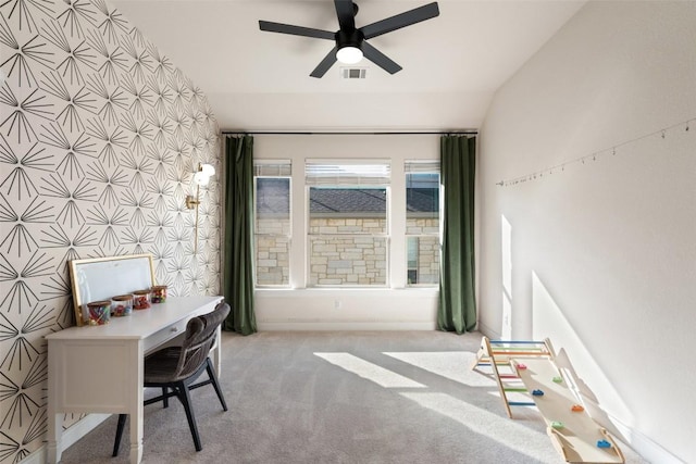 624 Anfield Cir, Austin, TX 78738 - carpeted office space with a ceiling fan and lofted ceiling