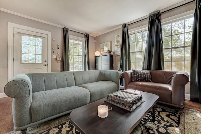 809 E 44th St, Austin, TX 78751 - living area featuring crown molding, wood finished floors, and baseboards