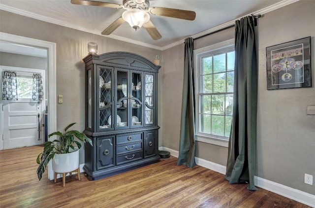 809 E 44th St, Austin, TX 78751 - detailed view of wood finished floors, ornamental molding, ceiling fan, and baseboards
