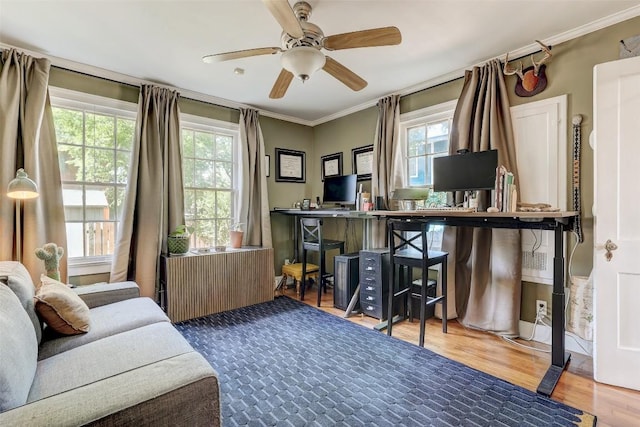 809 E 44th St, Austin, TX 78751 - office area featuring plenty of natural light, wood finished floors, crown molding, and ceiling fan