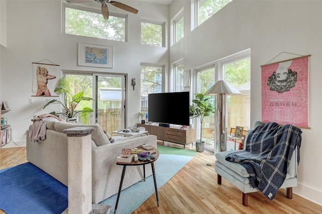 809 E 44th St, Austin, TX 78751 - living room with a towering ceiling, plenty of natural light, wood finished floors, and ceiling fan