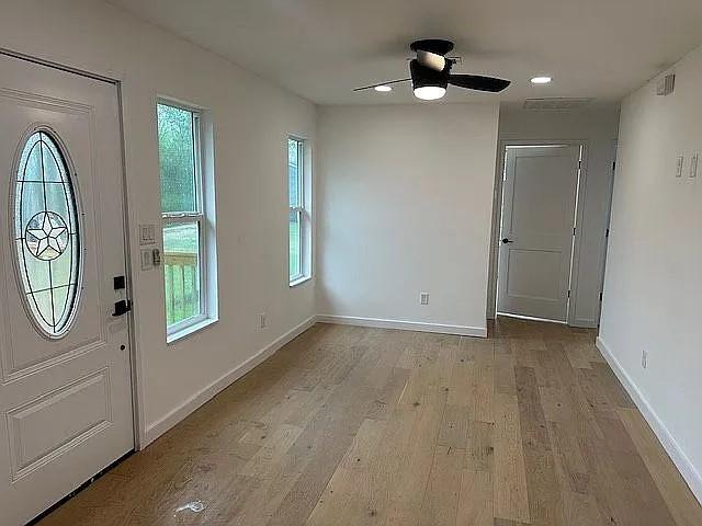 foyer featuring a wealth of natural light, a ceiling fan, light wood-type flooring, and baseboards