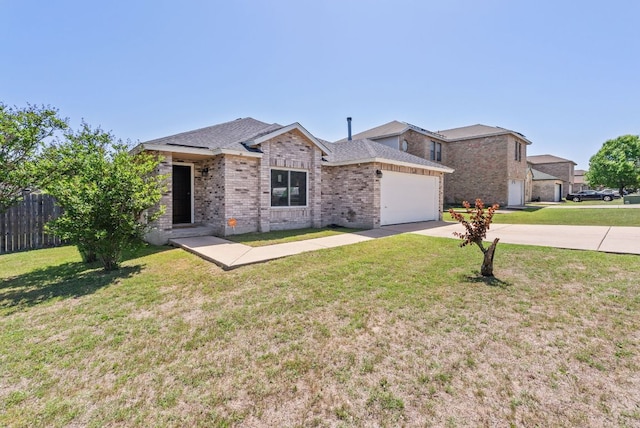 single story home with a garage, fence, a front yard, brick siding, and driveway