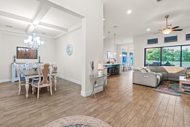 224 Highland Oaks, Leander, TX 78641 - dining space featuring a chandelier, light wood-style flooring, beamed ceiling, recessed lighting, and a ceiling fan