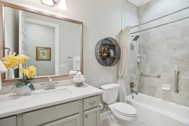 full bathroom featuring shower / bath combo, toilet, and vanity