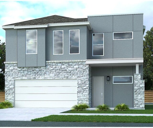 17508 Emperador Dr Unit 65, Pflugerville, TX 78664 - contemporary home with stone siding, a garage, and concrete driveway