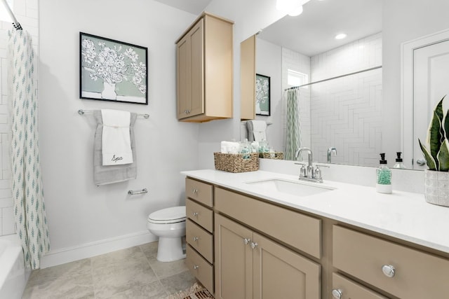 17508 Emperador Dr Unit 65, Pflugerville, TX 78664 - full bath with vanity, toilet, baseboards, shower / bath combination with curtain, and tile patterned floors