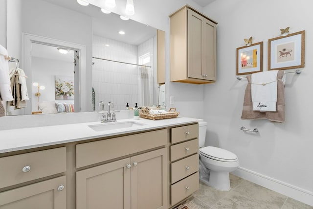 17508 Emperador Dr Unit 65, Pflugerville, TX 78664 - full bath featuring vanity, a tile shower, toilet, baseboards, and tile patterned floors