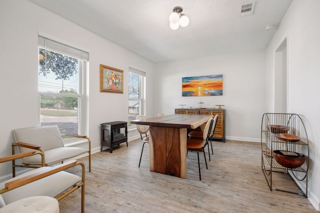 402 San Gabriel Blvd, Georgetown, TX 78628 - dining area featuring light wood-type flooring, healthy amount of natural light, baseboards, a wood stove, and a textured ceiling