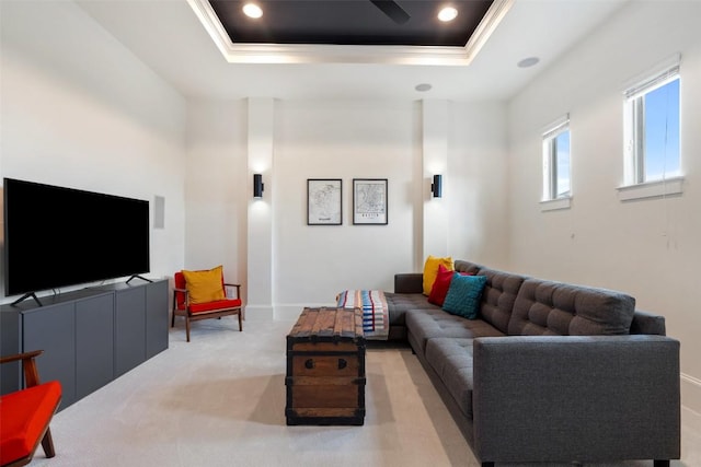 710 Crestone Stream Dr, Austin, TX 78738 - living room with a tray ceiling, light carpet, recessed lighting, and ornamental molding