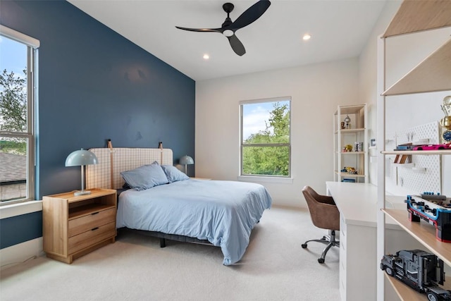 bedroom featuring recessed lighting, ceiling fan, and light carpet