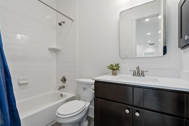 full bathroom with toilet, shower / bathtub combination with curtain, vanity, and visible vents